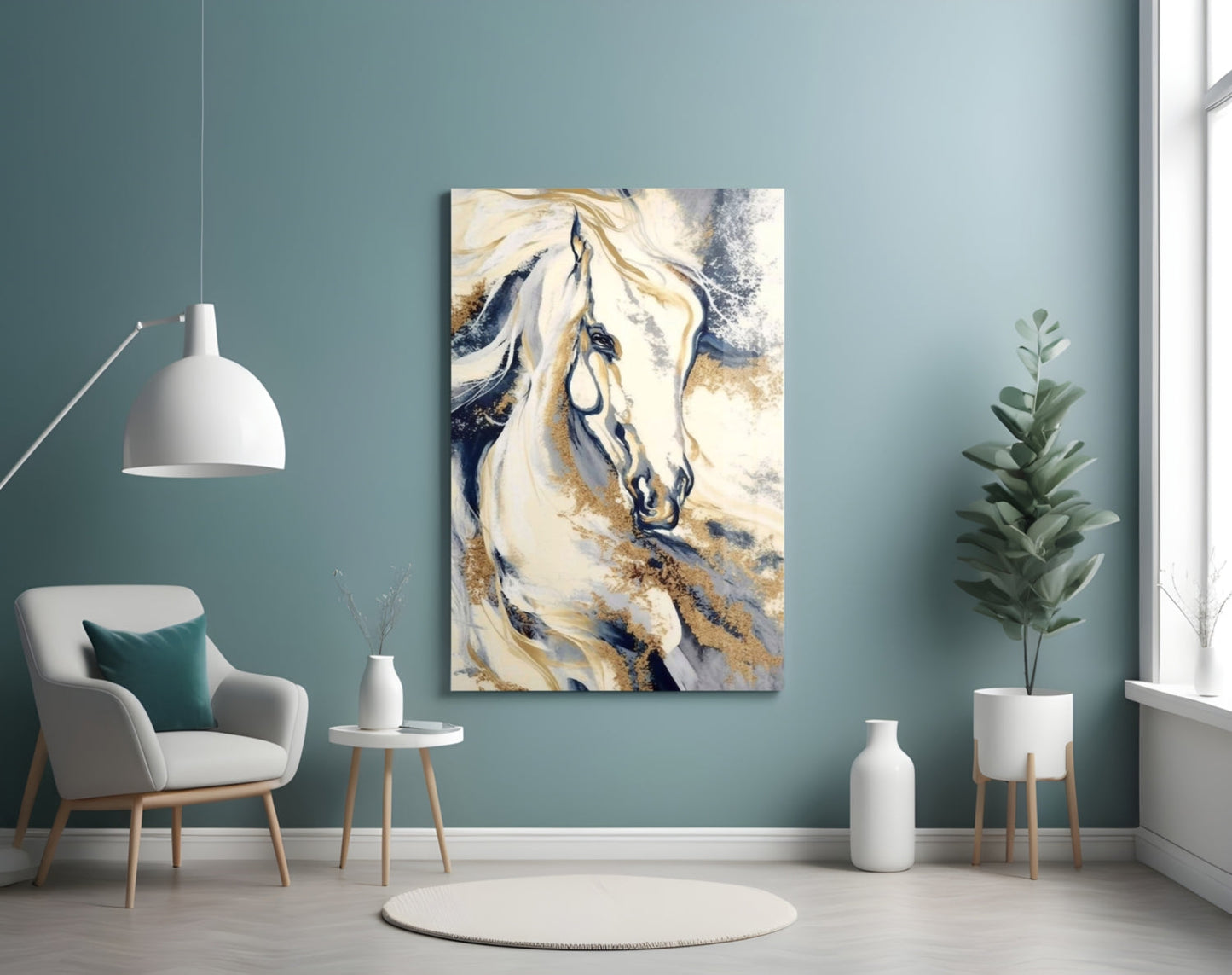 White Horse Navy Gold Marble Glass Wall Art