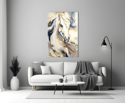 White Horse Navy Gold Marble Glass Wall Art