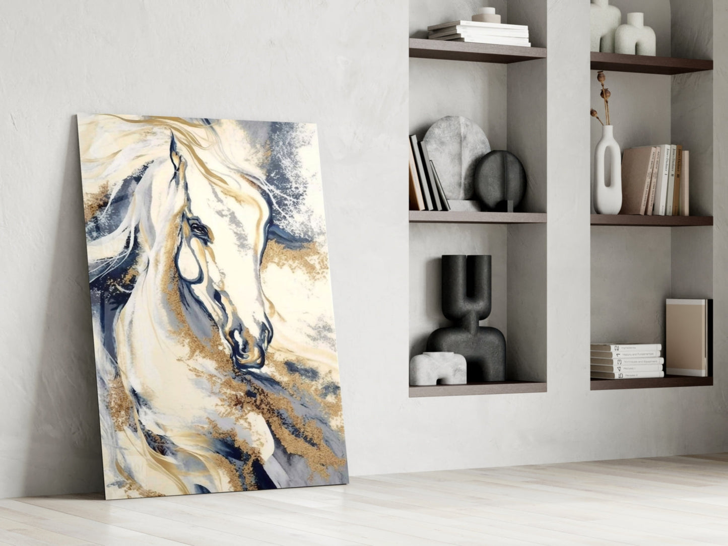 White Horse Navy Gold Marble Glass Wall Art