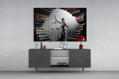 Law Book Tunnel Lady Justice Statue Glass Wall Art