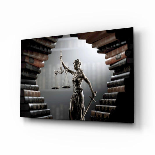 Lady Justice statue holding scales and sword framed by stacked law books on both sides, displayed as glass wall art at an angle.