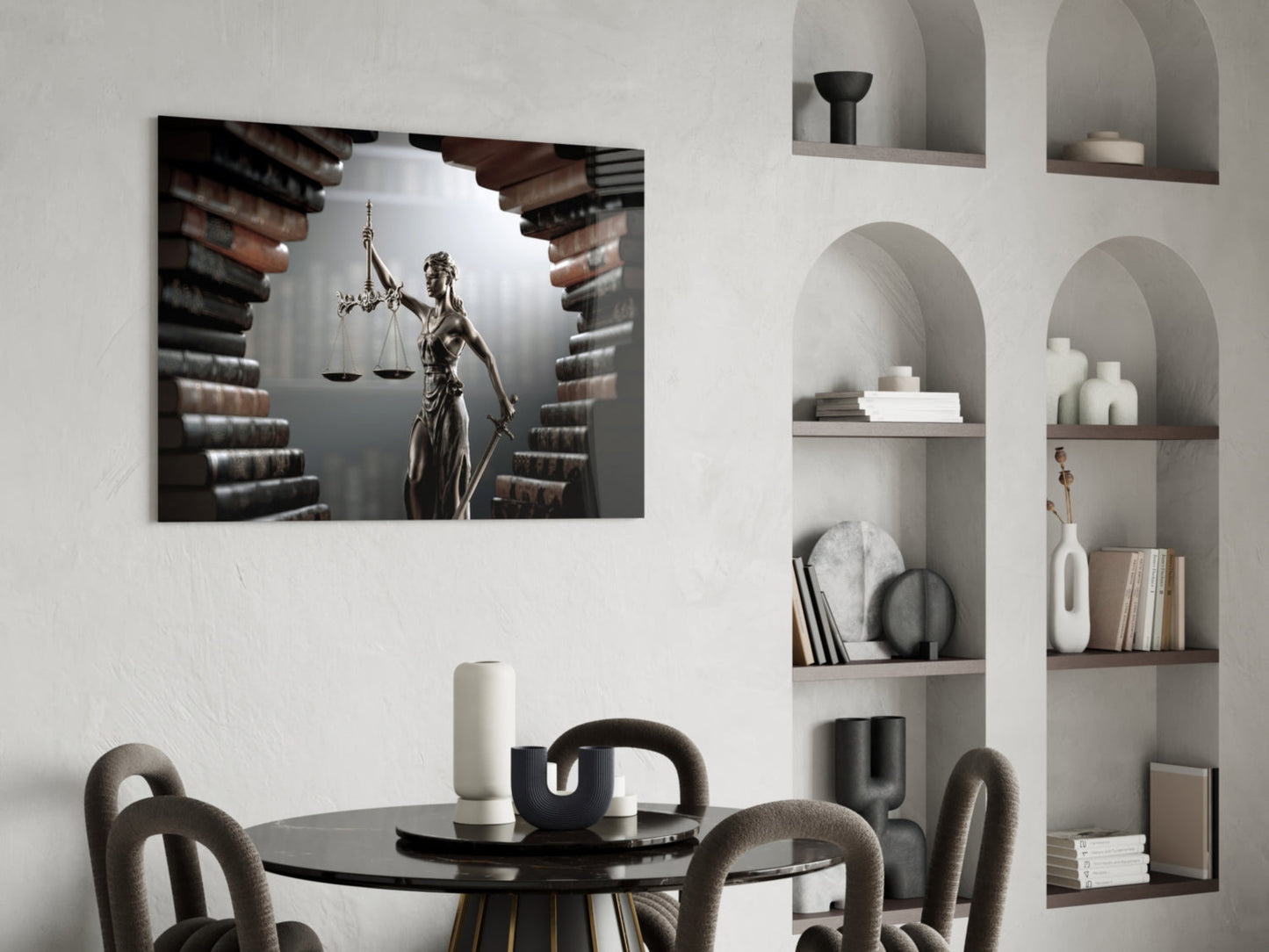Law Book Tunnel Lady Justice Statue Glass Wall Art