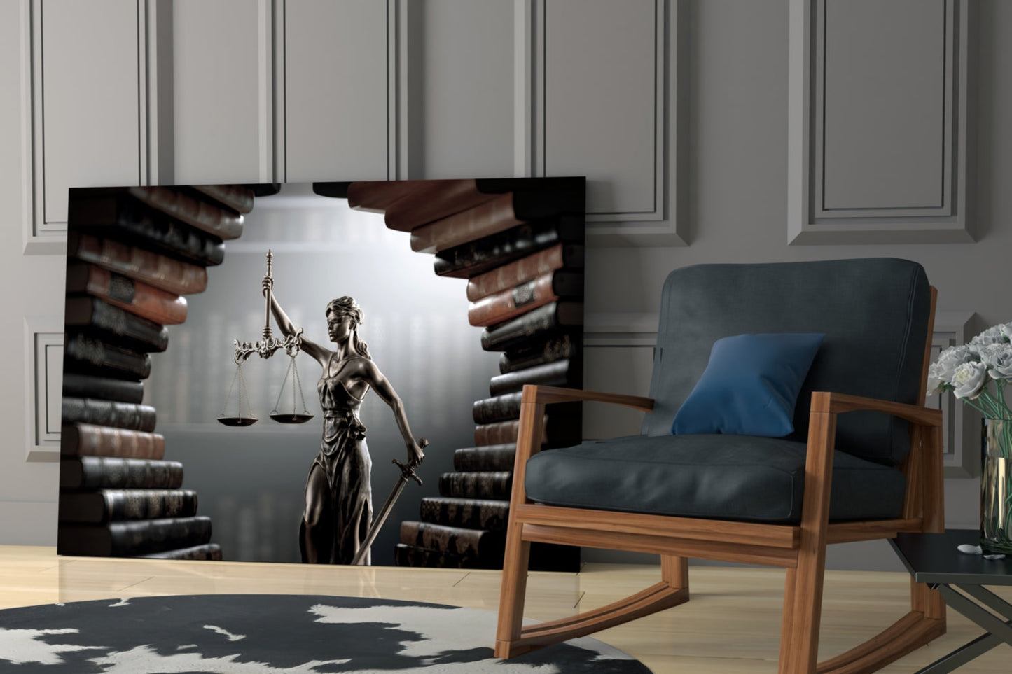 Law Book Tunnel Lady Justice Statue Glass Wall Art