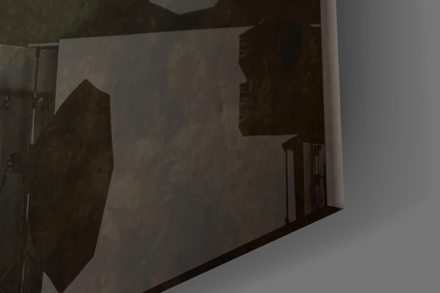 Glass wall art panel displaying dark silhouette of Mona Lisa portrait against translucent background, mounted on white wall.