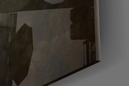 Glass wall art panel displaying dark silhouette of Mona Lisa portrait against translucent background, mounted on white wall.