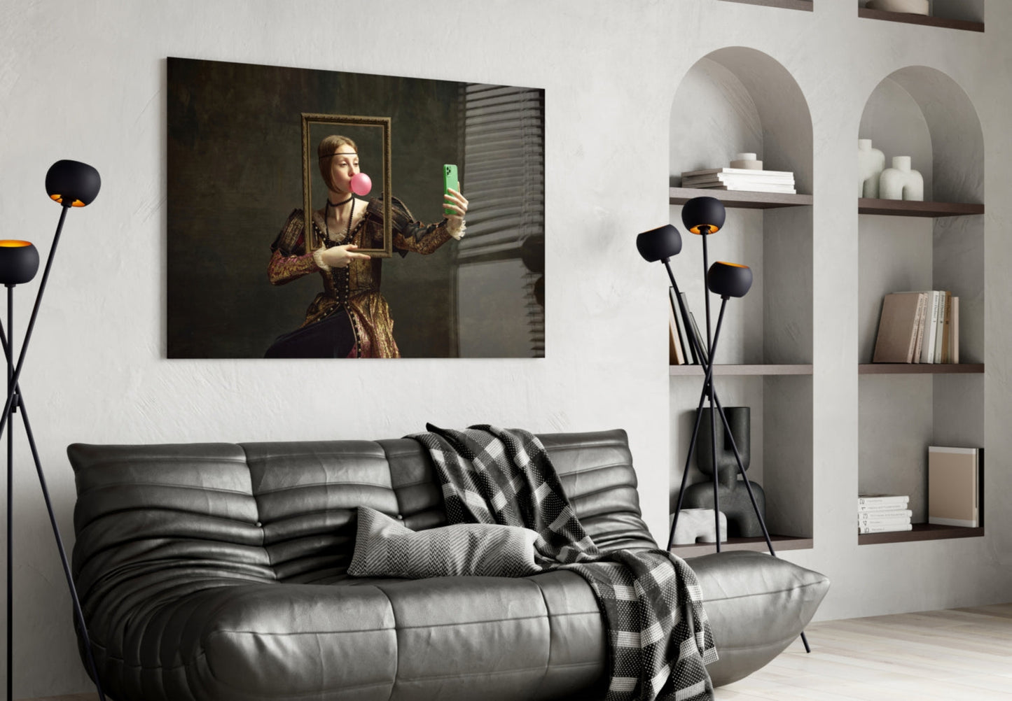 Modern living room interior with black leather sofa, arched wall niches, black floor lamp, and contemporary glass wall art depicting woman in historical dress holding smartphone.