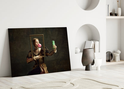 Modern art glass panel leaning against white wall showing classical portrait figure holding mirror and green phone with pink bubble gum.