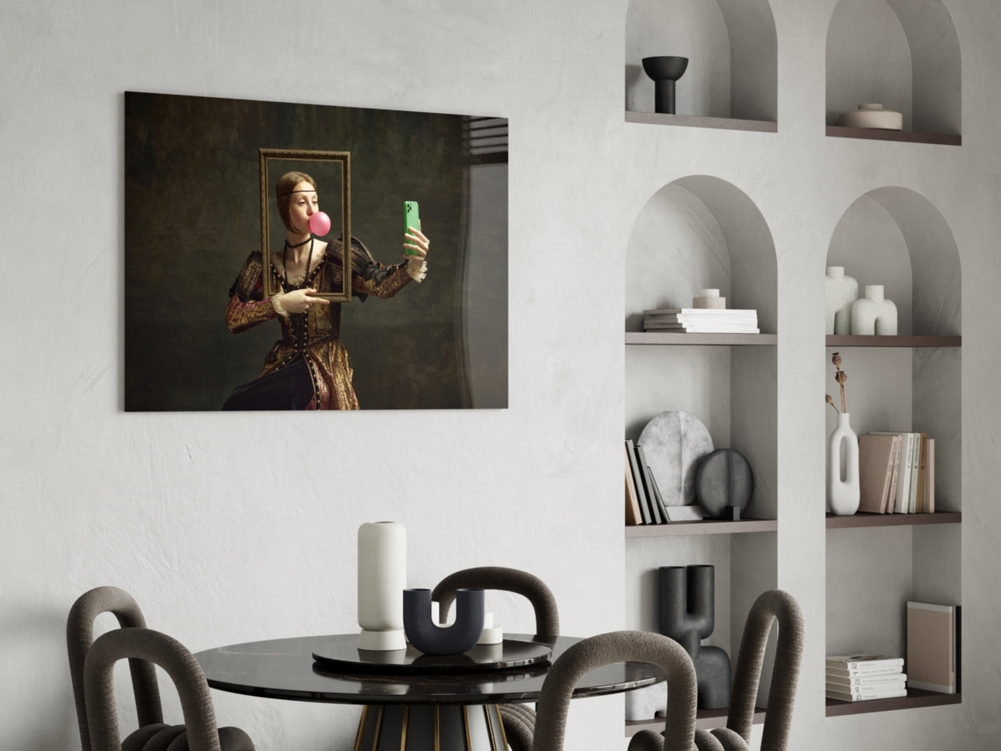 Modern dining room with New Generation Mona Lisa glass wall art displaying classical portrait with contemporary digital elements above black round table.