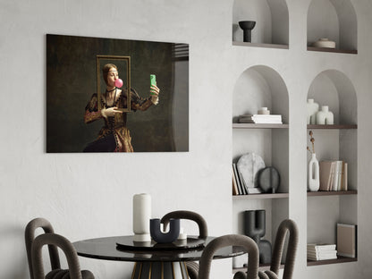Modern dining room with New Generation Mona Lisa glass wall art displaying classical portrait with contemporary digital elements above black round table.