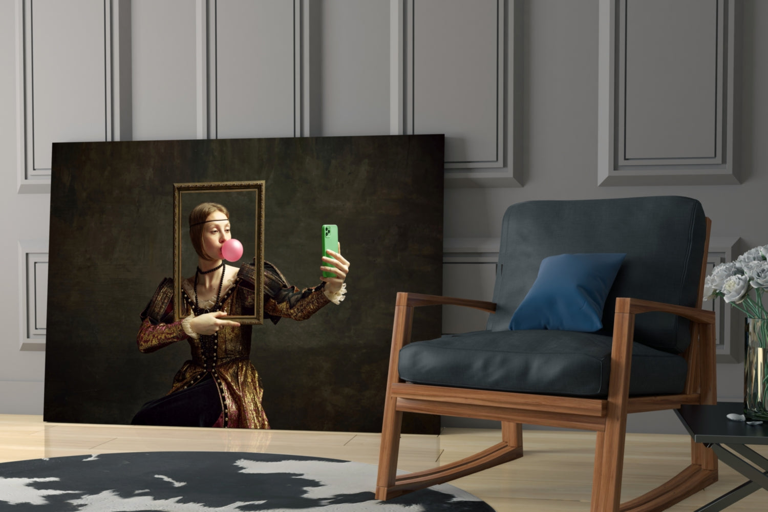Modern living room displaying large glass wall art panel featuring classical portrait woman in gold dress holding green phone and pink bubble gum.