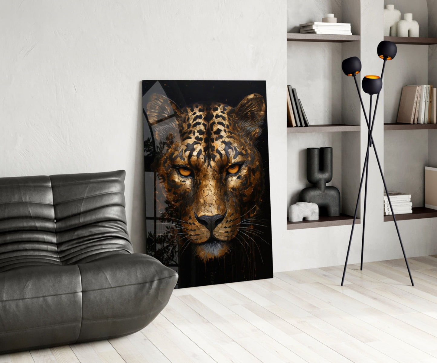 Golden Bronze Leopard Glass Wall Art