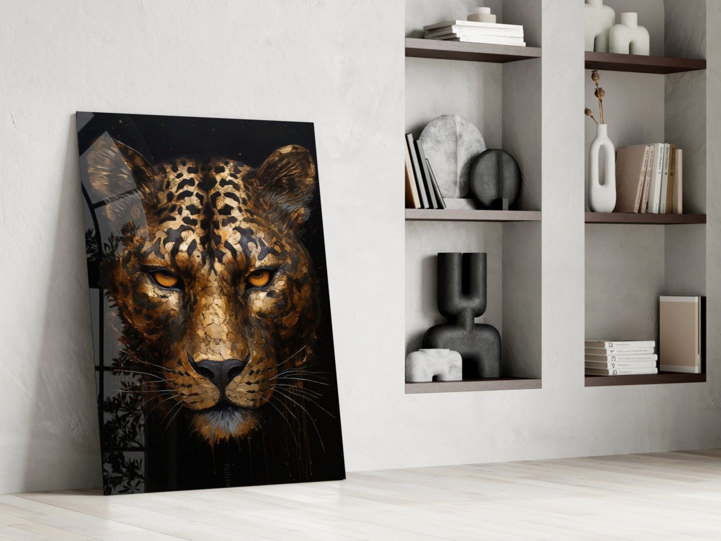 Golden Bronze Leopard Glass Wall Art