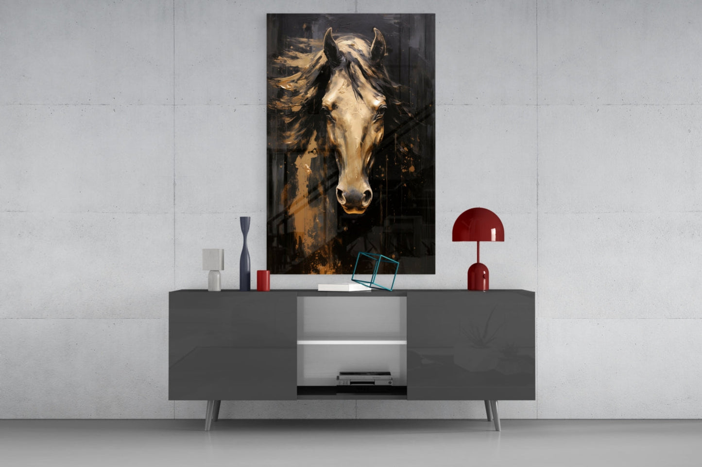 Golden Horse Head Black Glass Wall Art