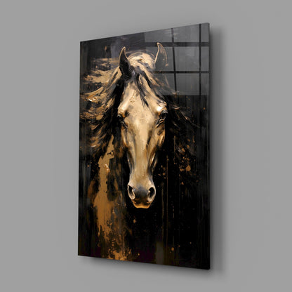 Golden Horse Head Black Glass Wall Art