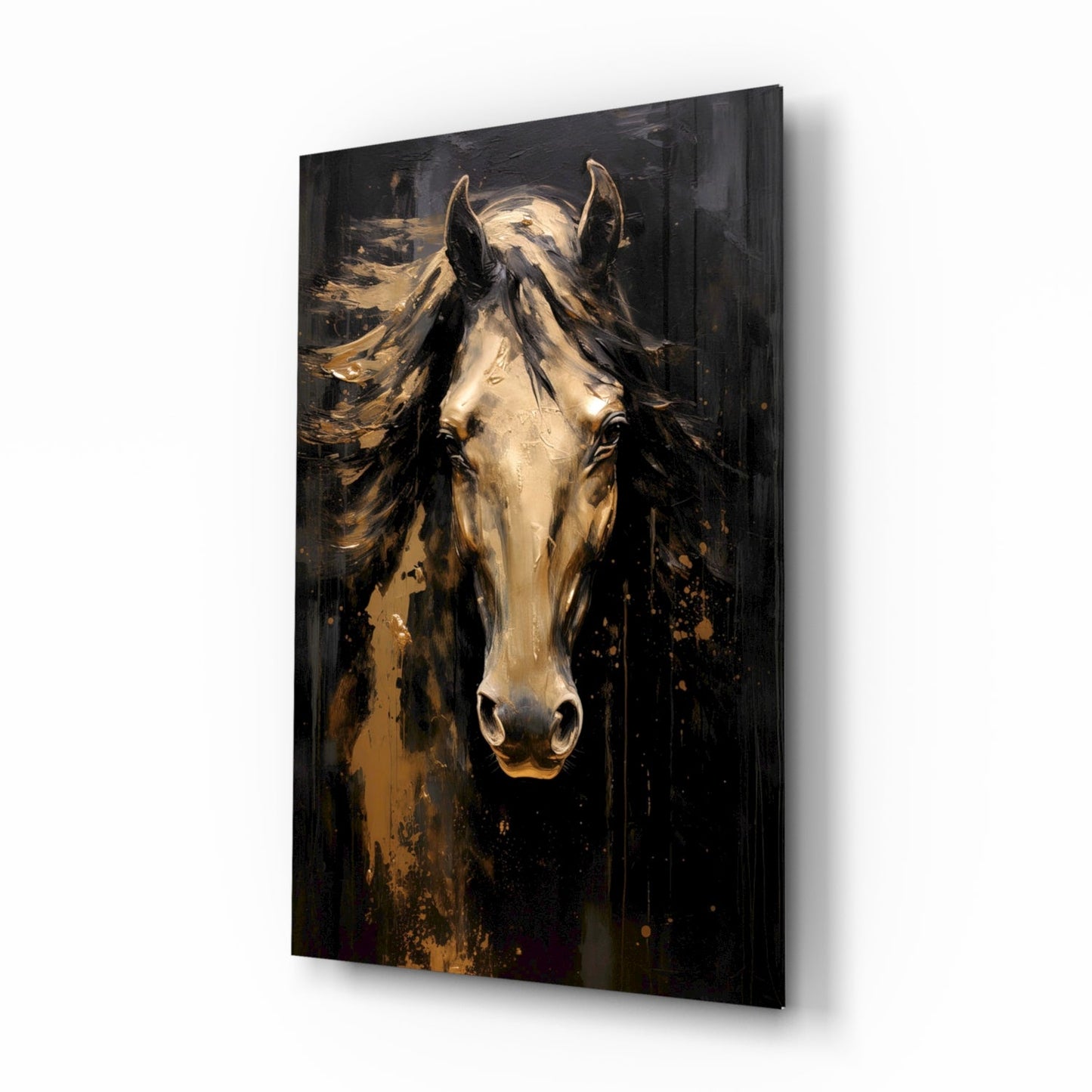 Golden Horse Head Black Glass Wall Art