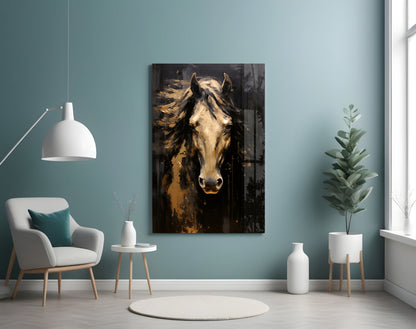 Golden Horse Head Black Glass Wall Art
