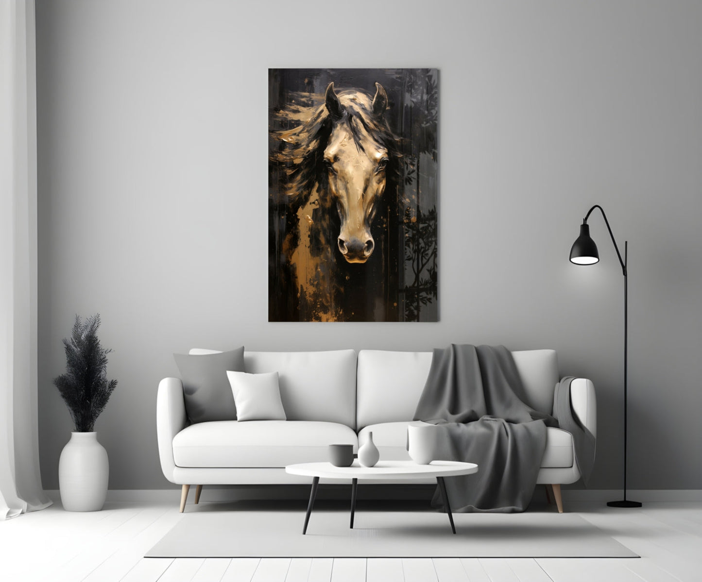 Golden Horse Head Black Glass Wall Art