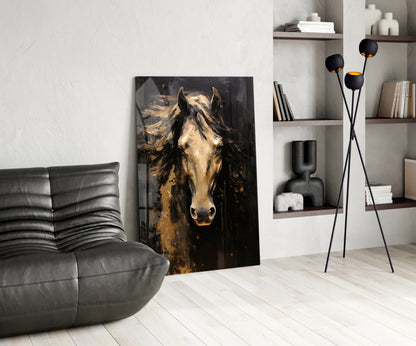 Golden Horse Head Black Glass Wall Art