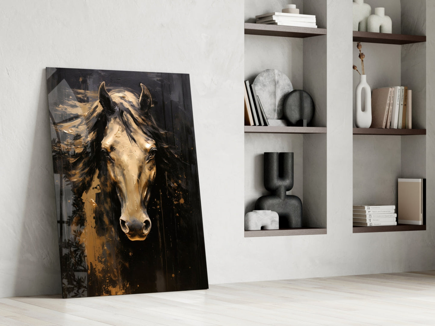 Golden Horse Head Black Glass Wall Art