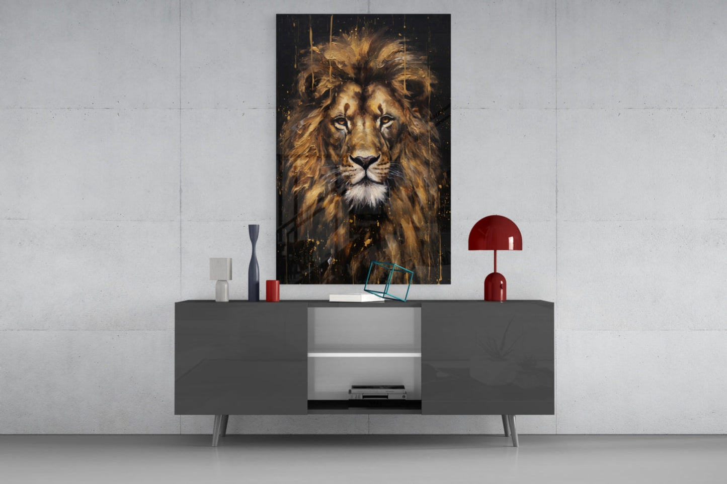 Gilded Paint Drip Lion Glass Wall Art