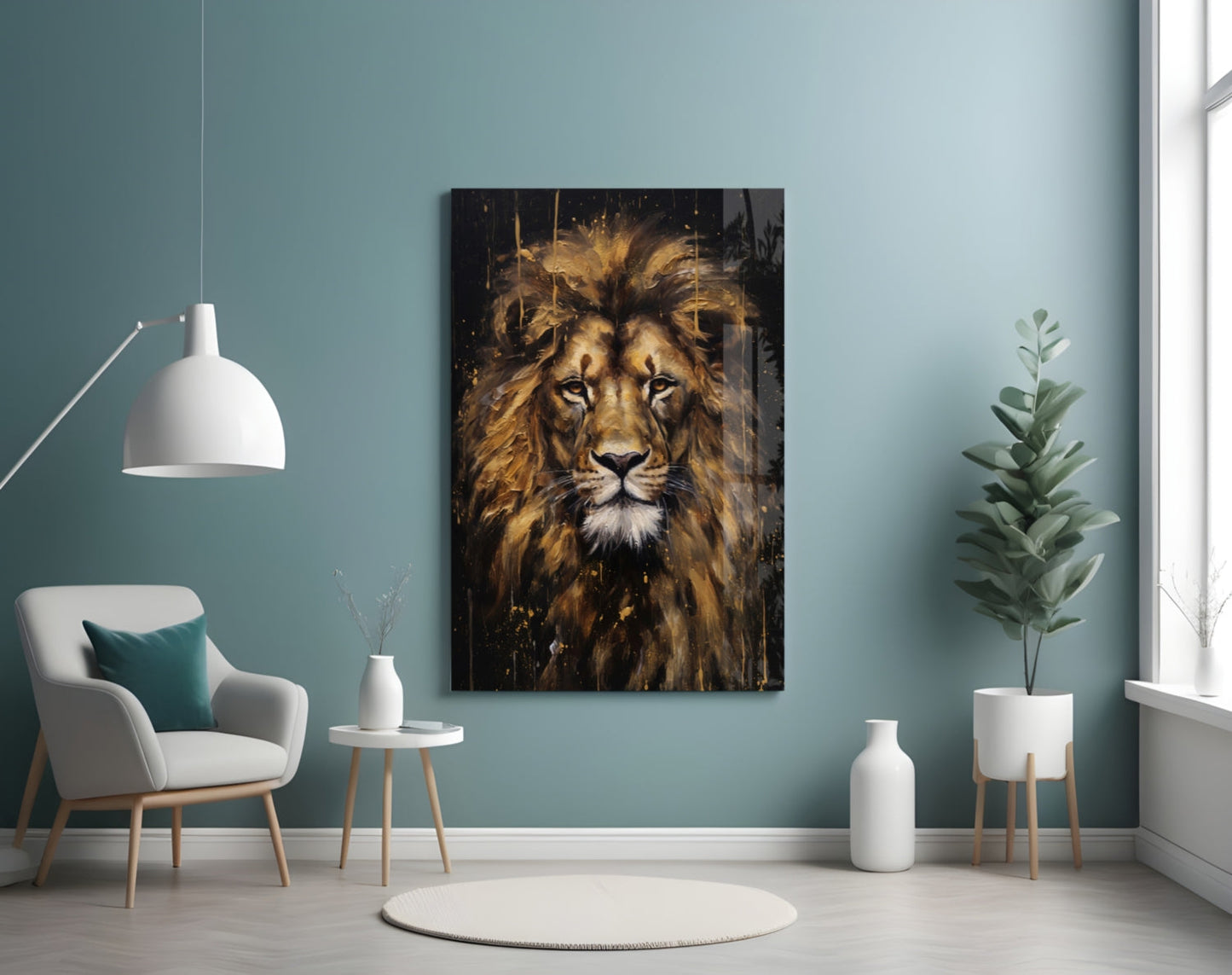 Gilded Paint Drip Lion Glass Wall Art