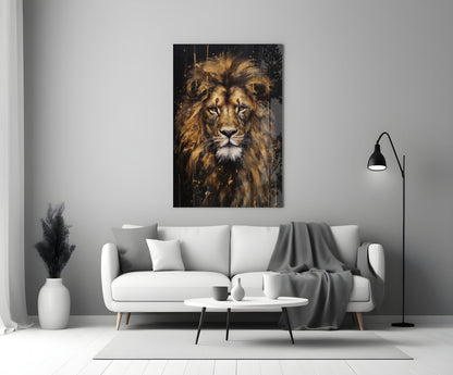 Gilded Paint Drip Lion Glass Wall Art