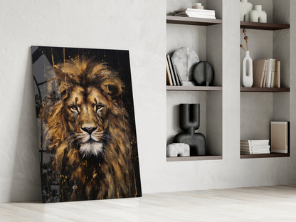 Gilded Paint Drip Lion Glass Wall Art