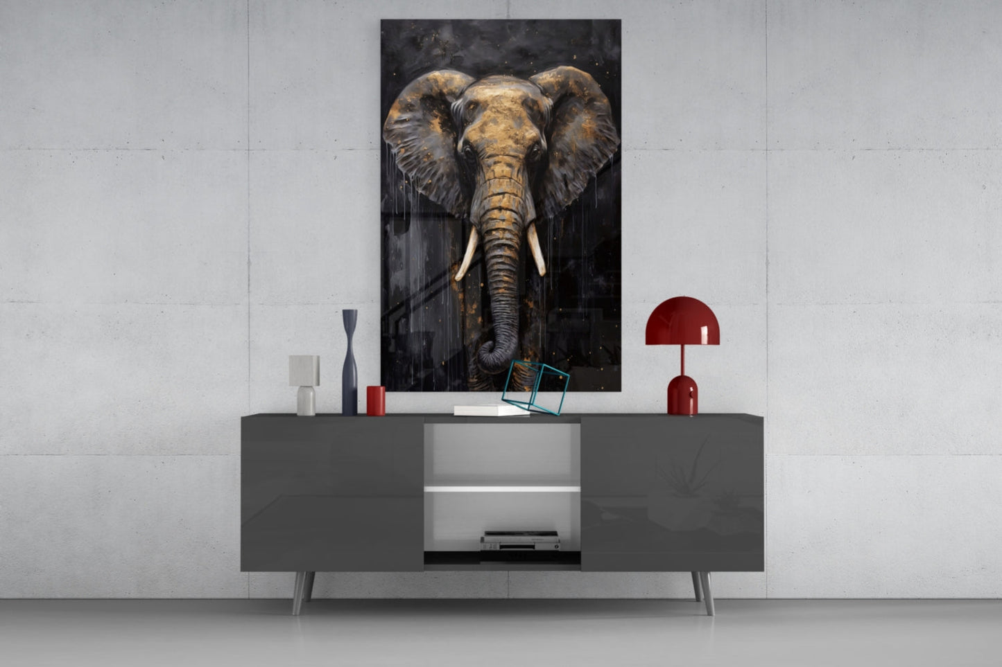 Gold Leaf Elephant Head Black Glass Wall Art