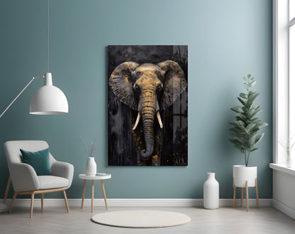 Gold Leaf Elephant Head Black Glass Wall Art