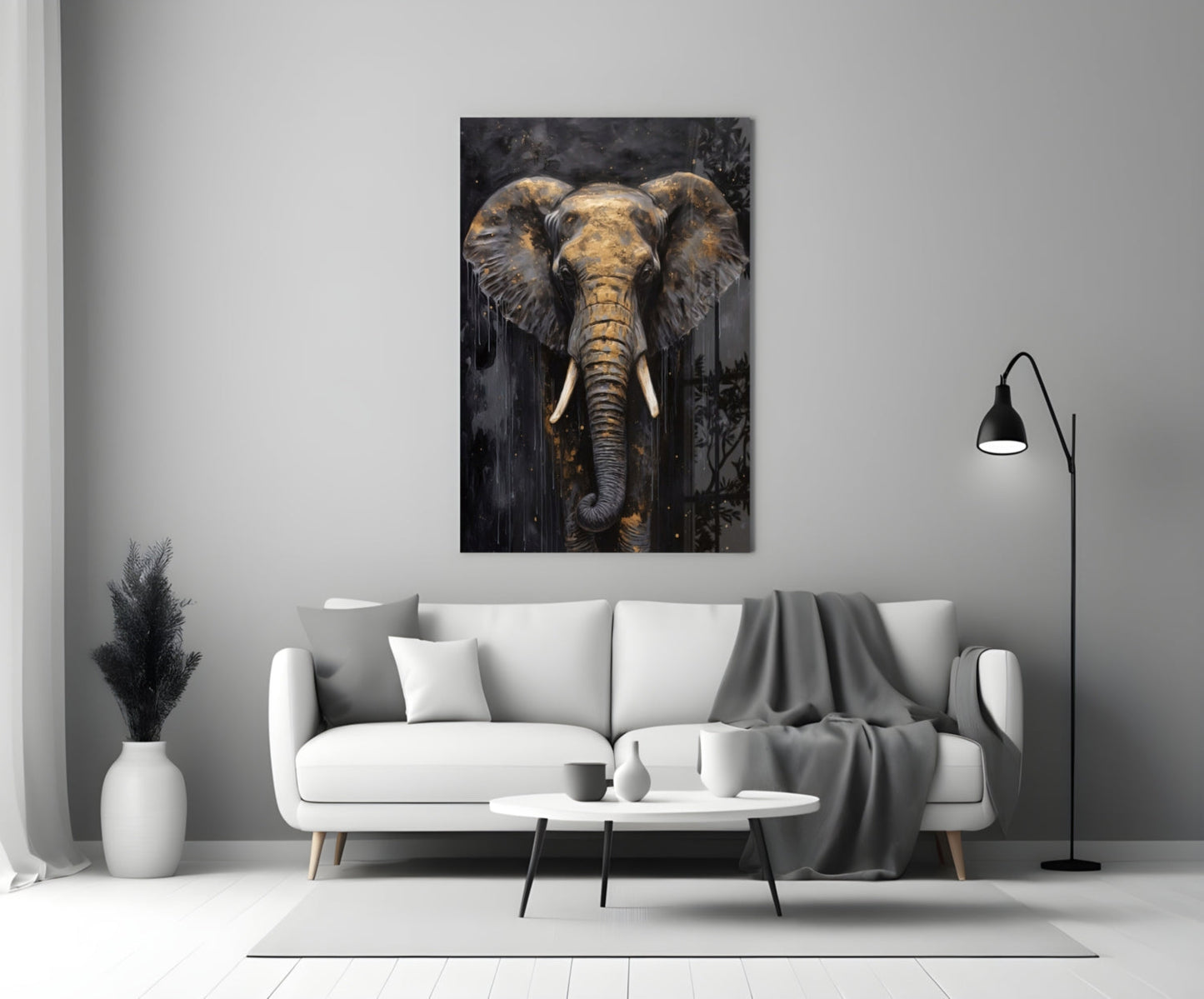 Gold Leaf Elephant Head Black Glass Wall Art