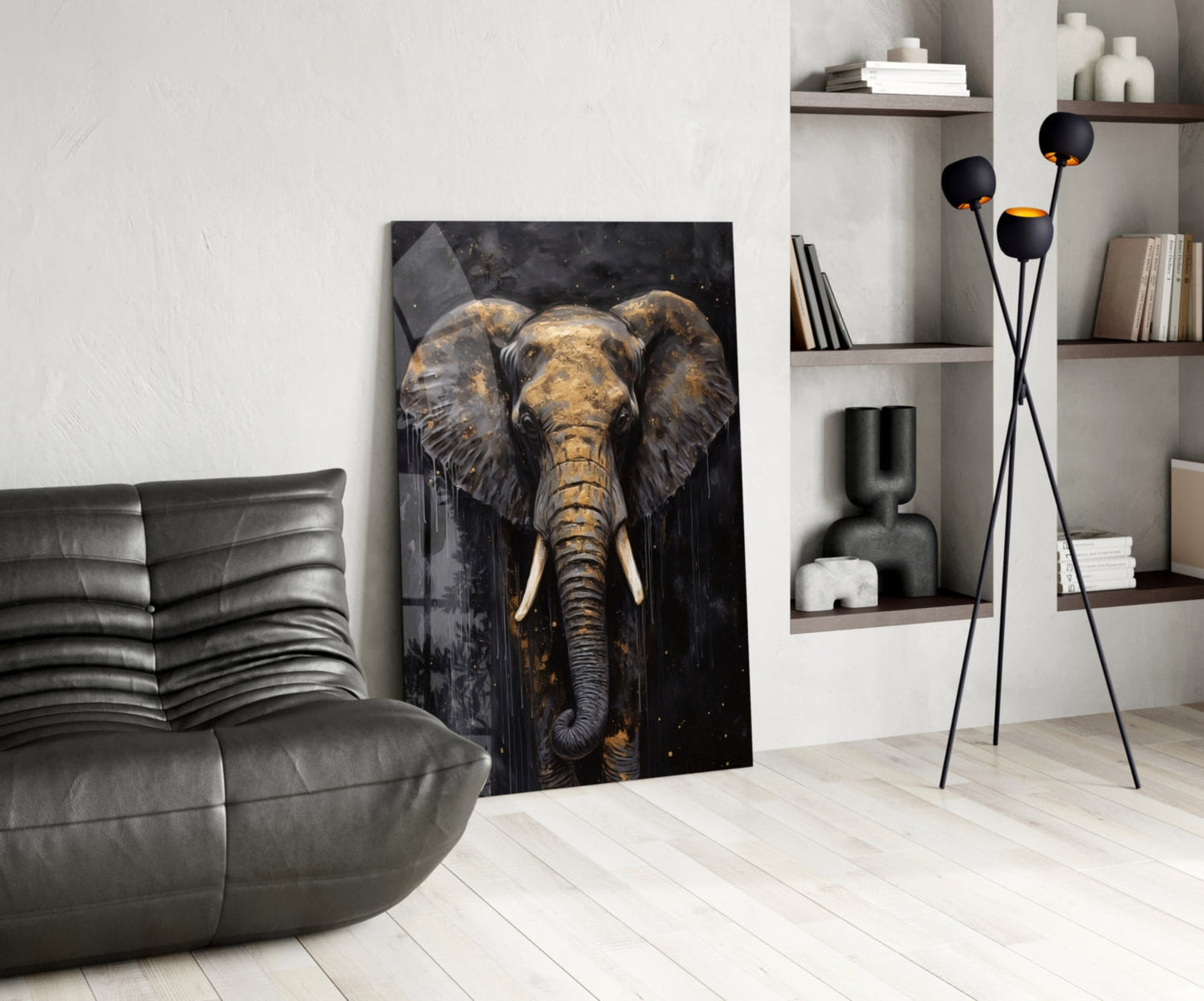 Gold Leaf Elephant Head Black Glass Wall Art