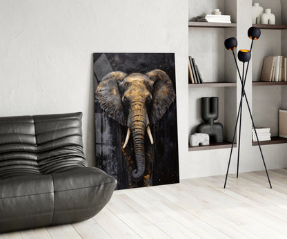 Gold Leaf Elephant Head Black Glass Wall Art
