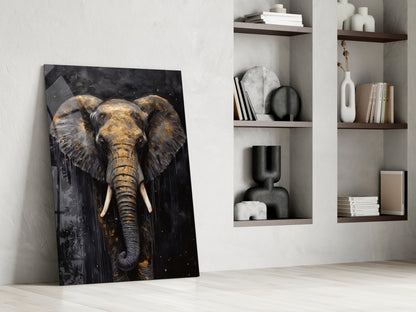 Gold Leaf Elephant Head Black Glass Wall Art