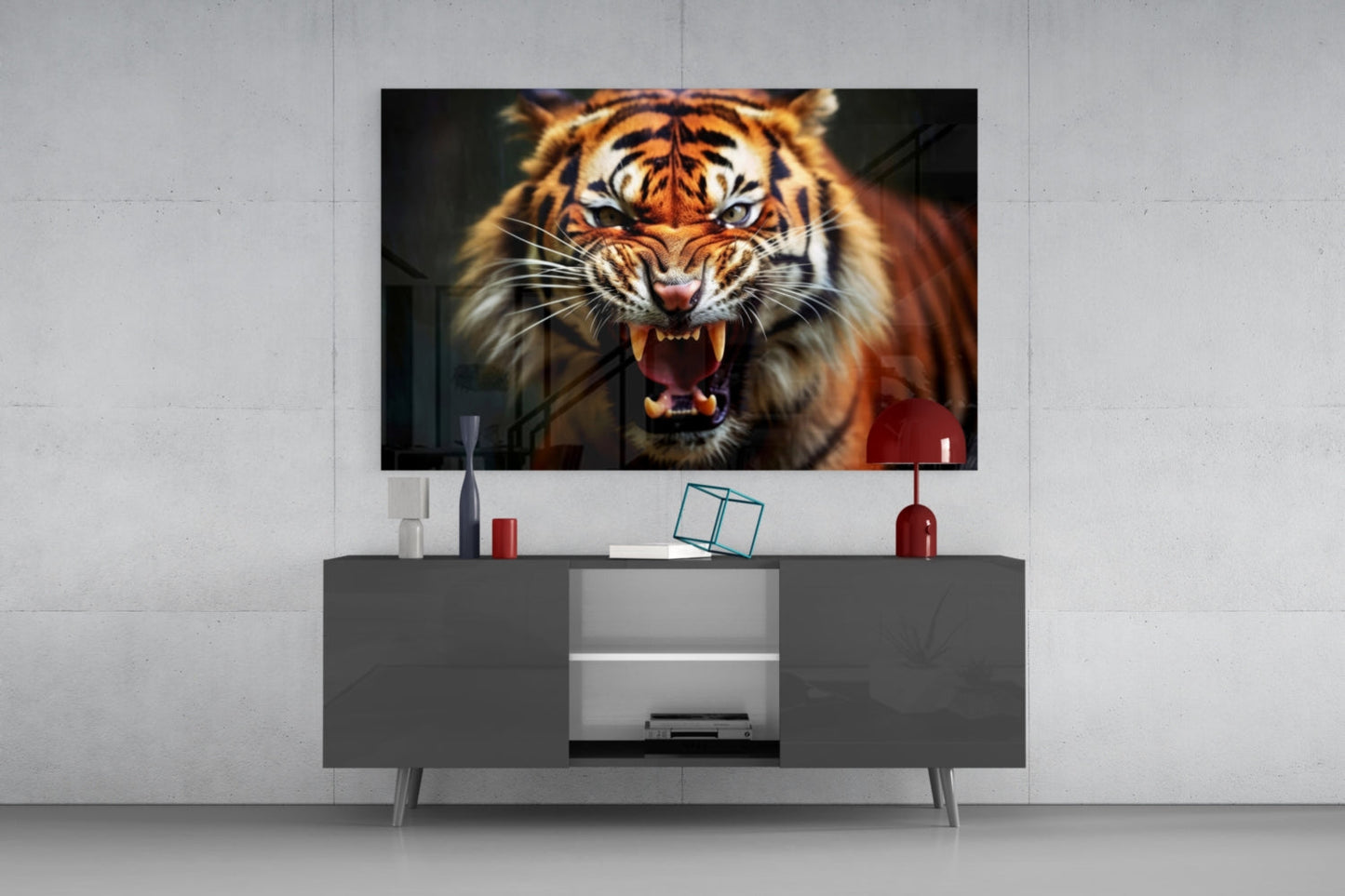 Snarling Fanged Tiger Glass Wall Art