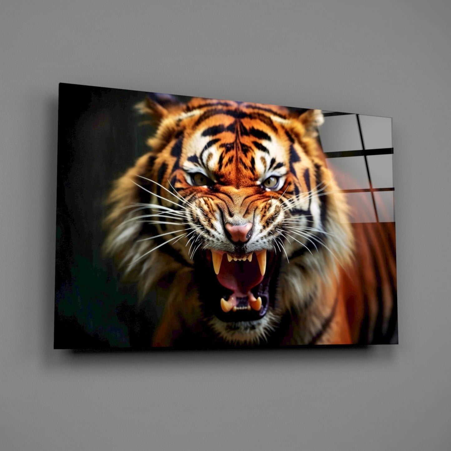 Snarling Fanged Tiger Glass Wall Art