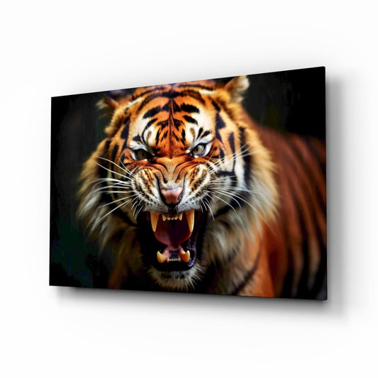 Angled perspective of glass wall art featuring a snarling tiger with bared fangs and piercing eyes against a dark background.