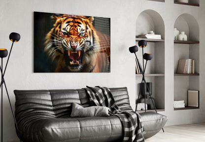 Snarling Fanged Tiger Glass Wall Art