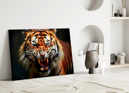 Snarling Fanged Tiger Glass Wall Art