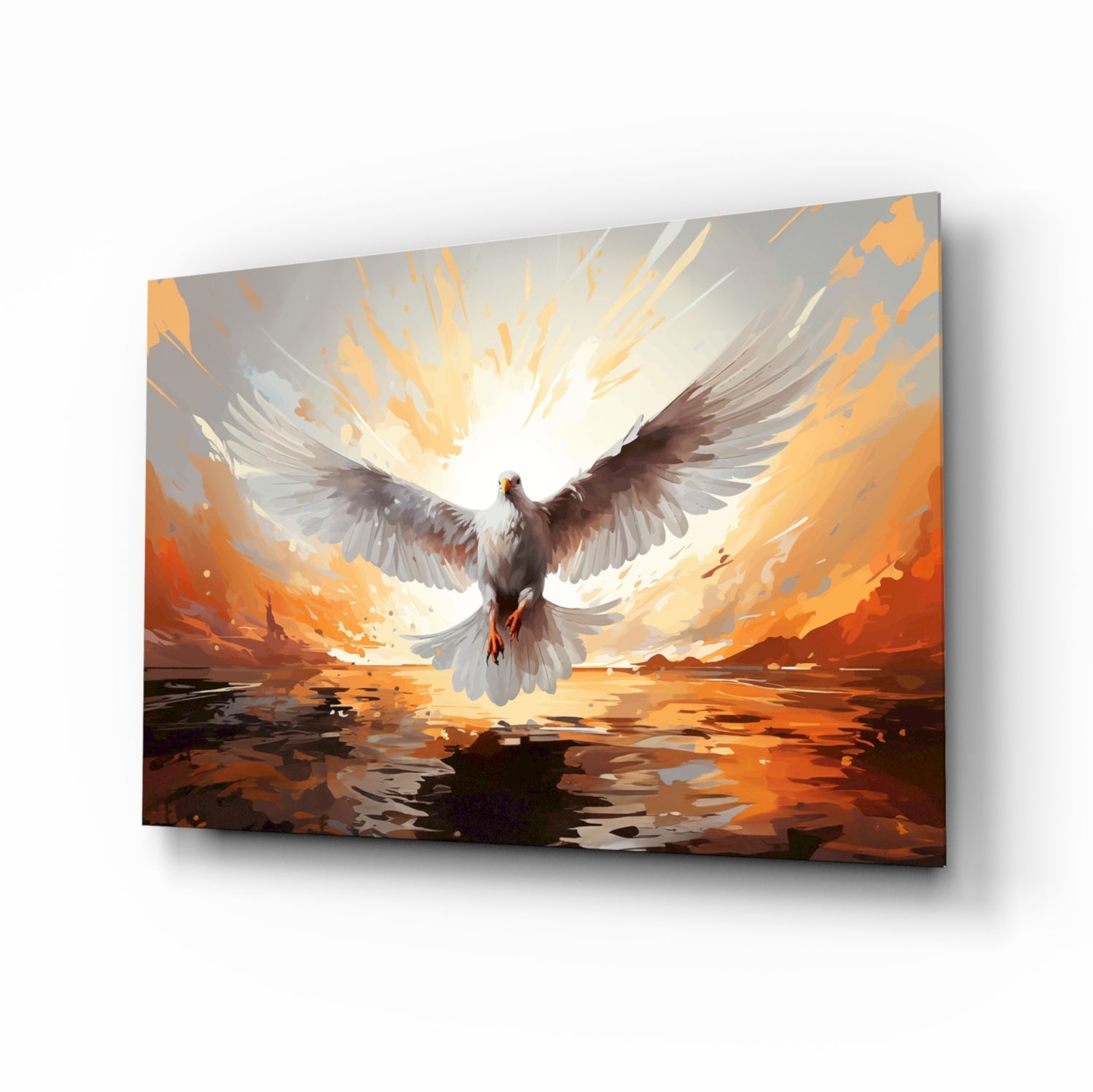 Glass wall art panel displaying a white eagle with spread wings ascending against an orange and golden sky with dramatic lighting.