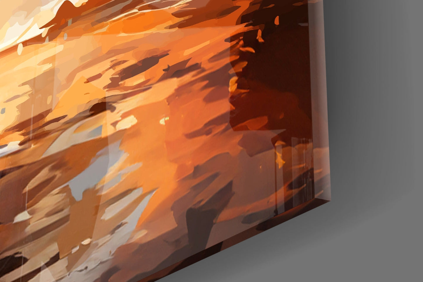 Close-up angled view of translucent orange and amber glass wall art with layered abstract brushstroke patterns and shadows.