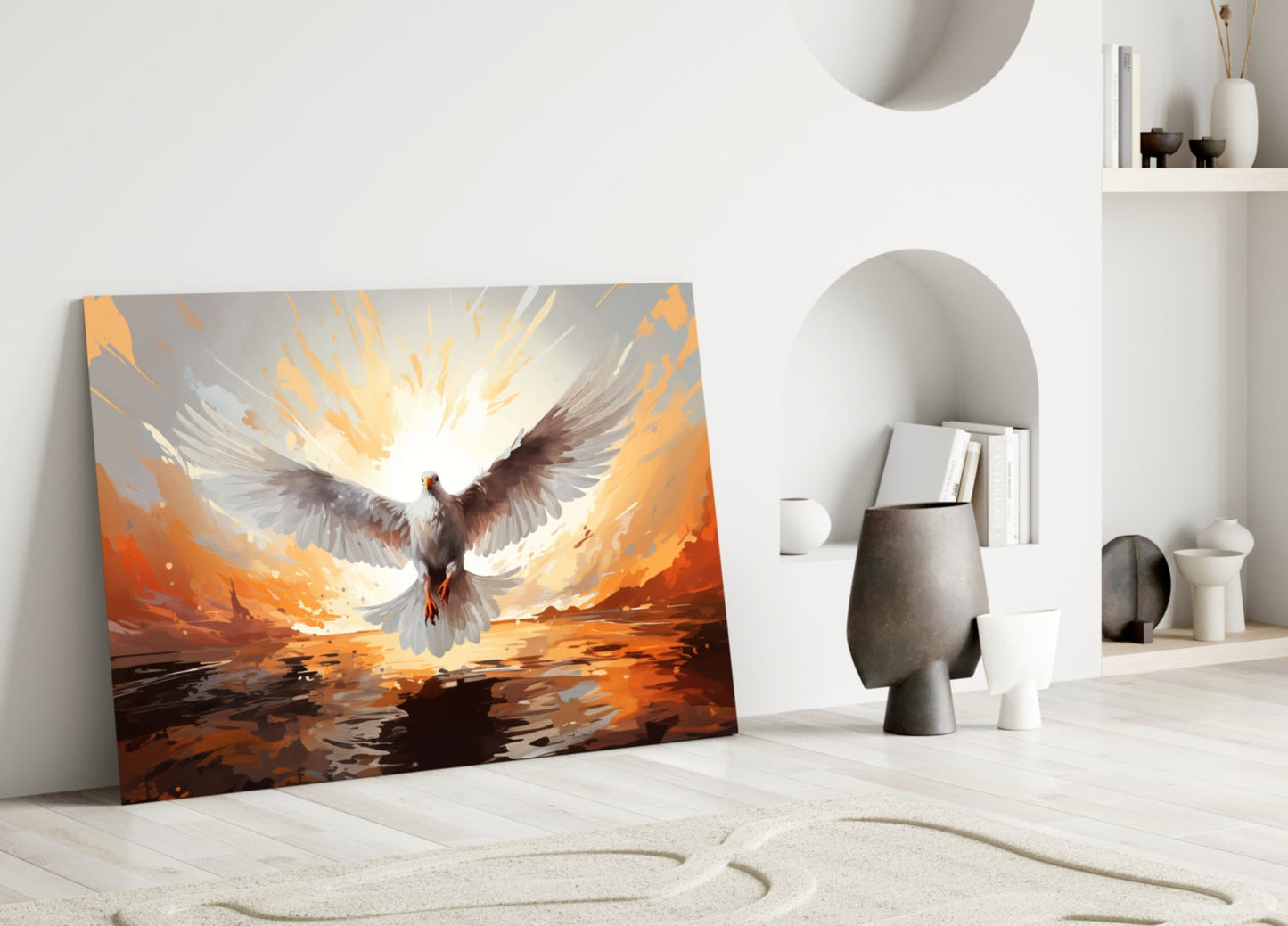 Pigeon glass wall art leaning against white wall displays majestic bird with spread wings against orange and golden sky backdrop.