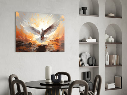 White dove with spread wings ascending through orange and golden light, displayed as glass wall art above a dining table.
