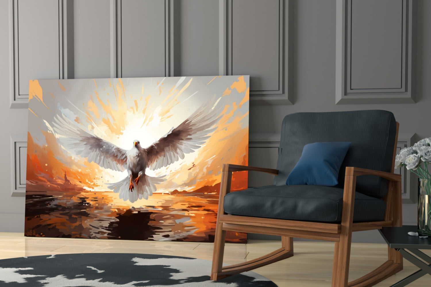 Glass wall art featuring a white and brown eagle with spread wings against an orange and golden sky landscape, displayed in a modern room setting.