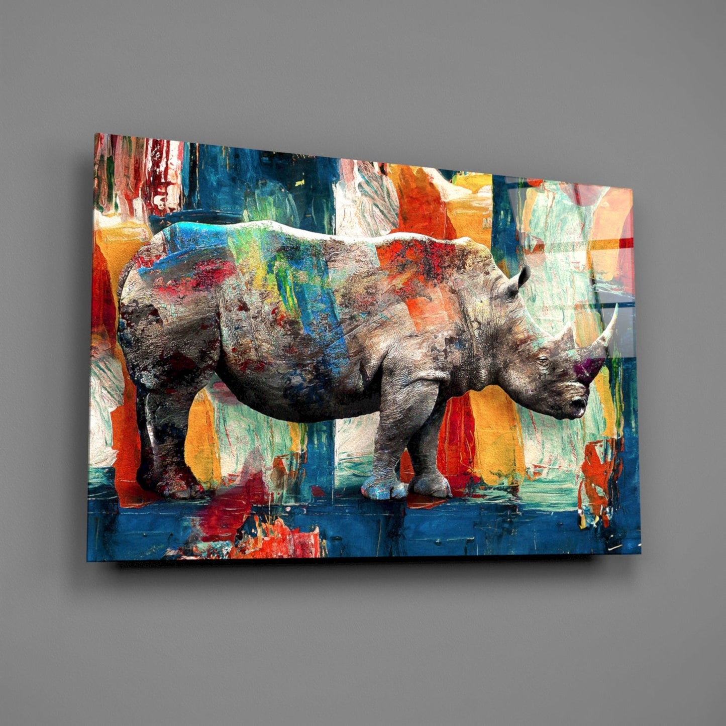 Painted Rhino Color Strokes Glass Wall Art