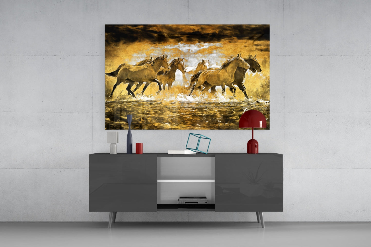 Running Horse Herd Golden Water Glass Wall Art