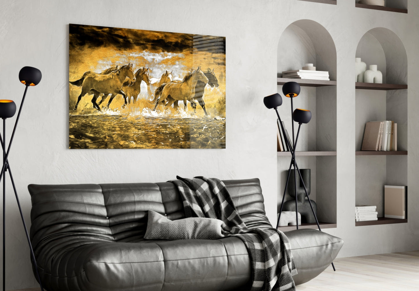 Running Horse Herd Golden Water Glass Wall Art