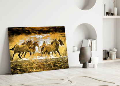 Running Horse Herd Golden Water Glass Wall Art