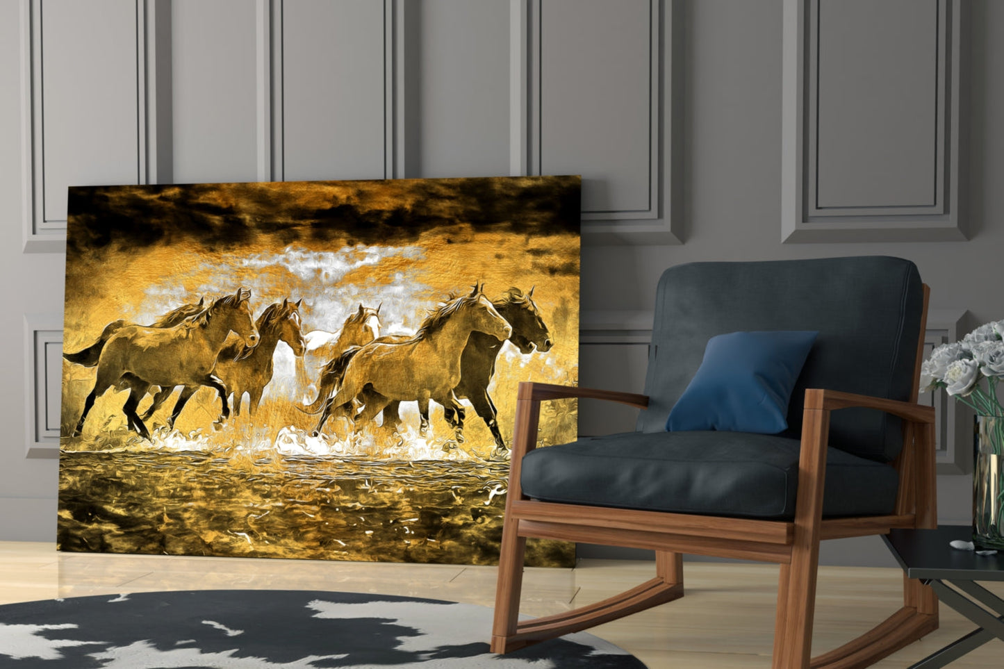Running Horse Herd Golden Water Glass Wall Art