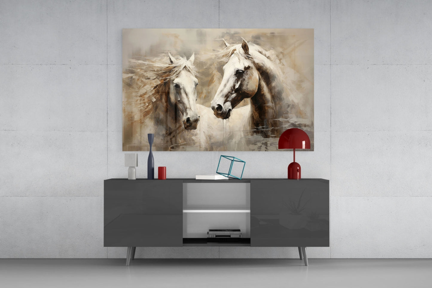 Two White Horses Beige Glass Wall Art