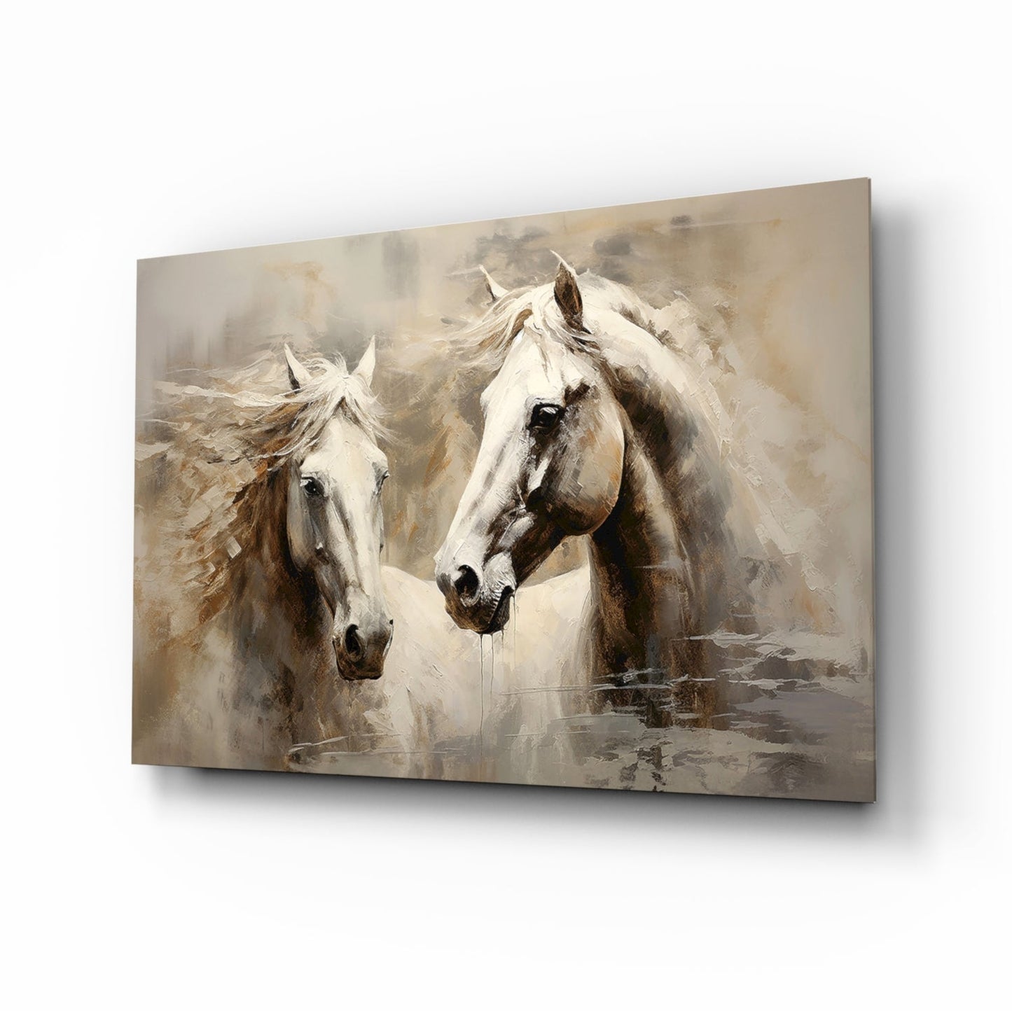 Two White Horses Beige Glass Wall Art